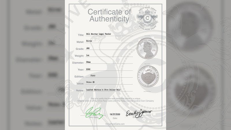 bill murray legal tender certificate of authenticity