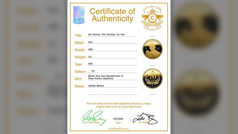 Bill Murray 70th Birthday Gold Coin 1 oz