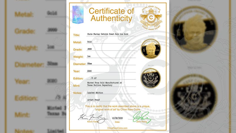 AP Chris Farley Ostrich Crest Gold Coin 1 oz
