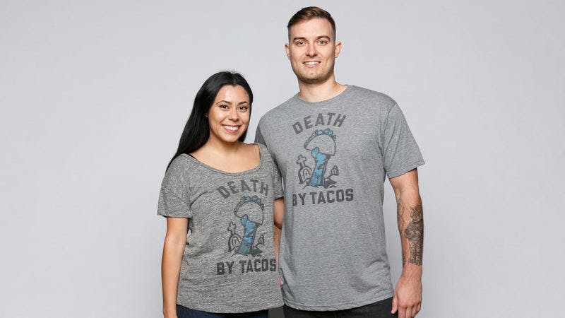 Models in Grey men's and women's Death By Tacos shirt