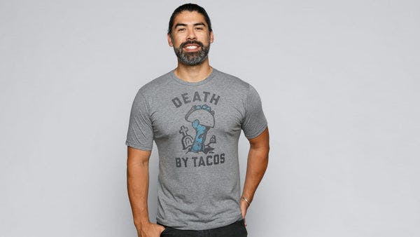 Model in Grey men's Death By Tacos shirt