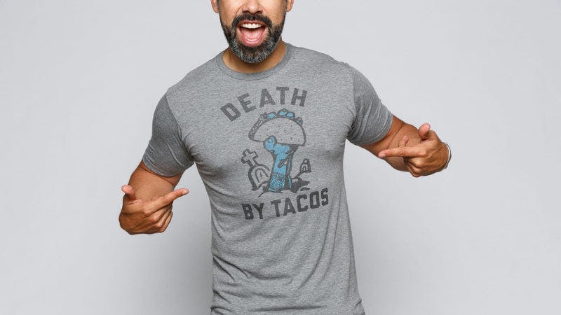 Close-up design detail of Grey men's Death by Tacos shirt