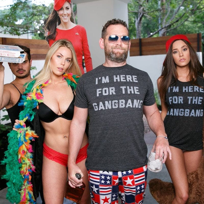 John Resig and models in Charcoal men's and women's I'm Here For The Gangbang shirt for Buy Me Brunch