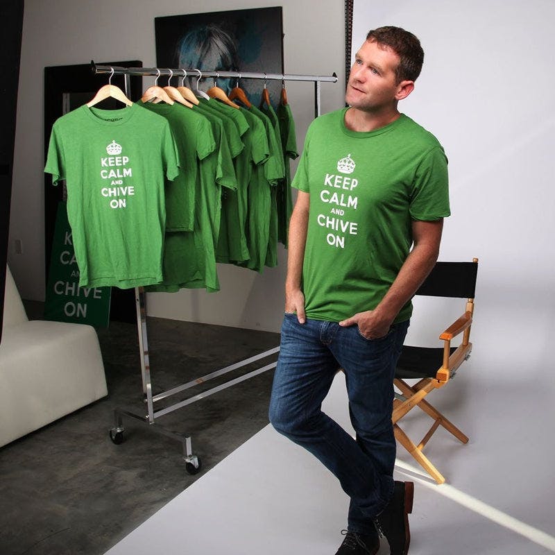 John Resig in kelly green men's Keep Calm and Chive On shirt