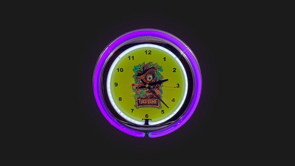 Tiki Time Chrome Purple Neon Clock