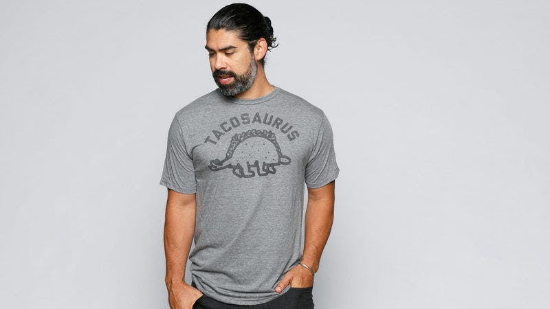 Model in Grey men's Tacosaurus shirt