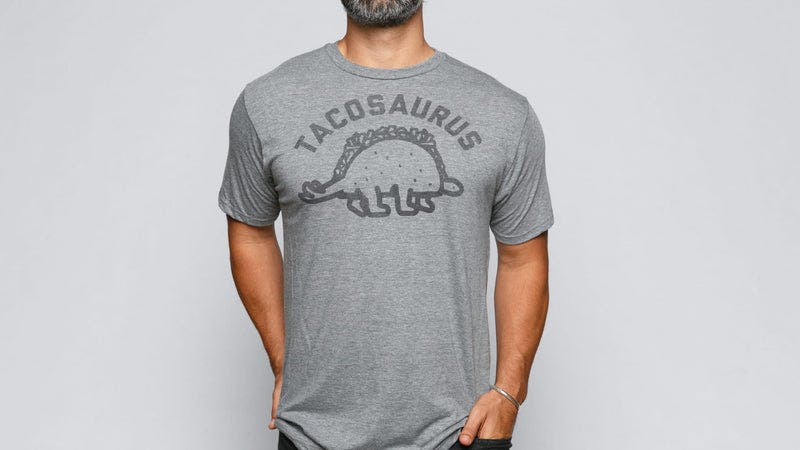 Close up of design detail for Grey men Tacosaurus shirt