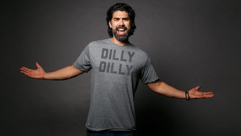 Model in Grey men's Dilly Dilly shirt for Buy Me Brunch